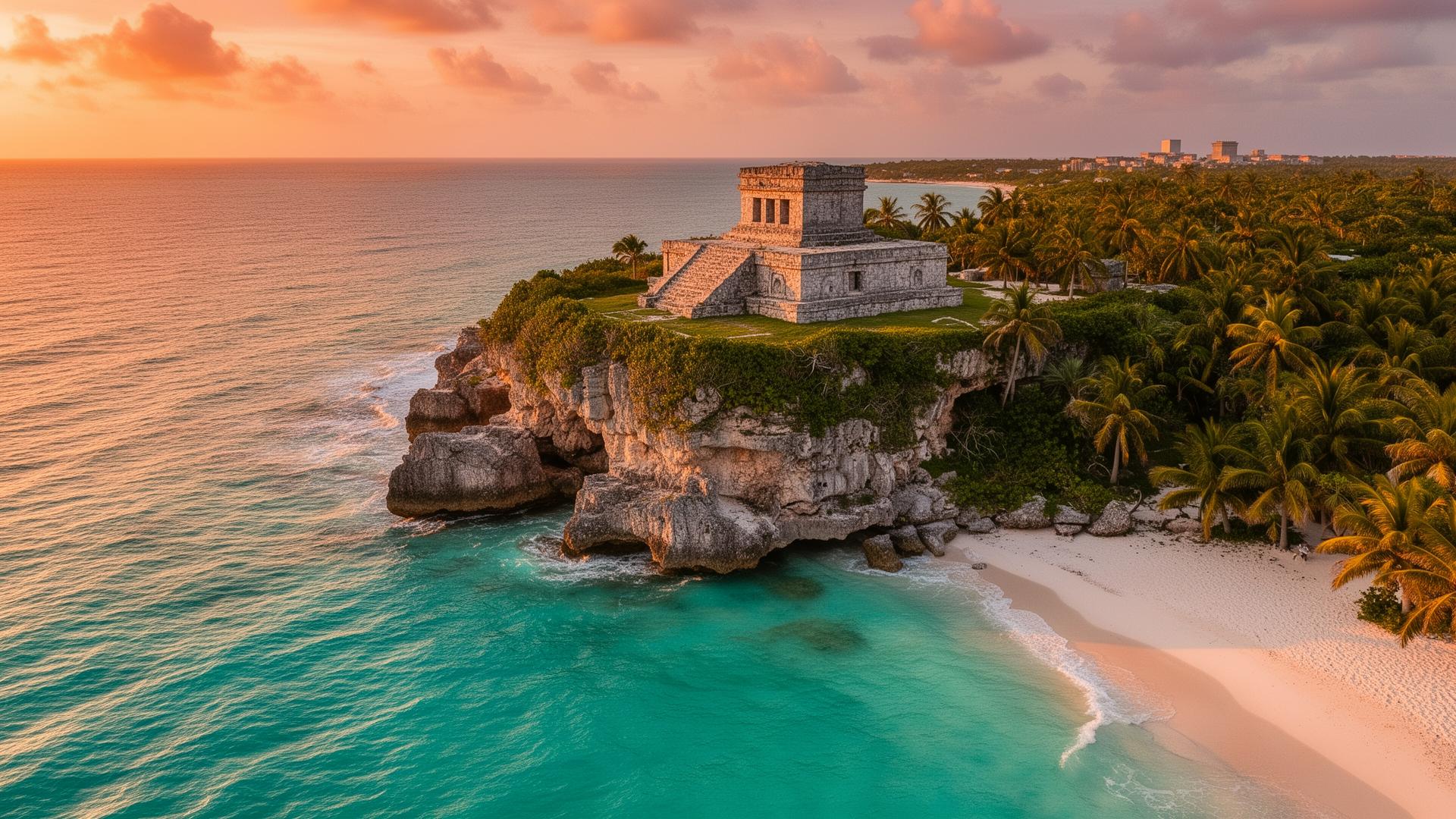 Paisaje colorido de México con arquitectura colonial y vegetación tropical