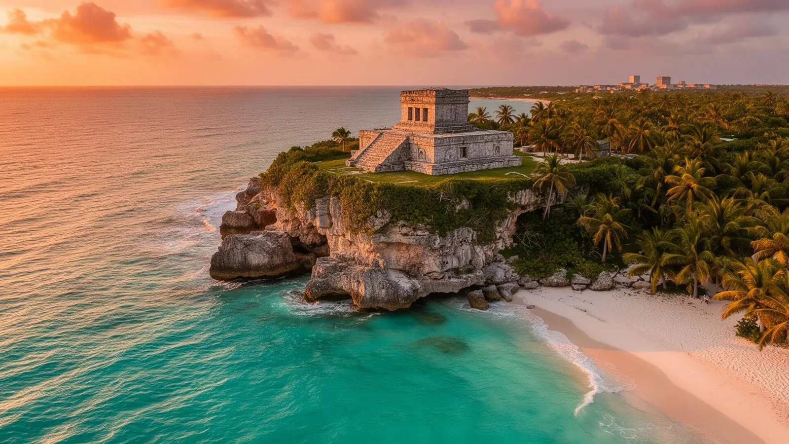 Paisaje colorido de México con arquitectura colonial y vegetación tropical